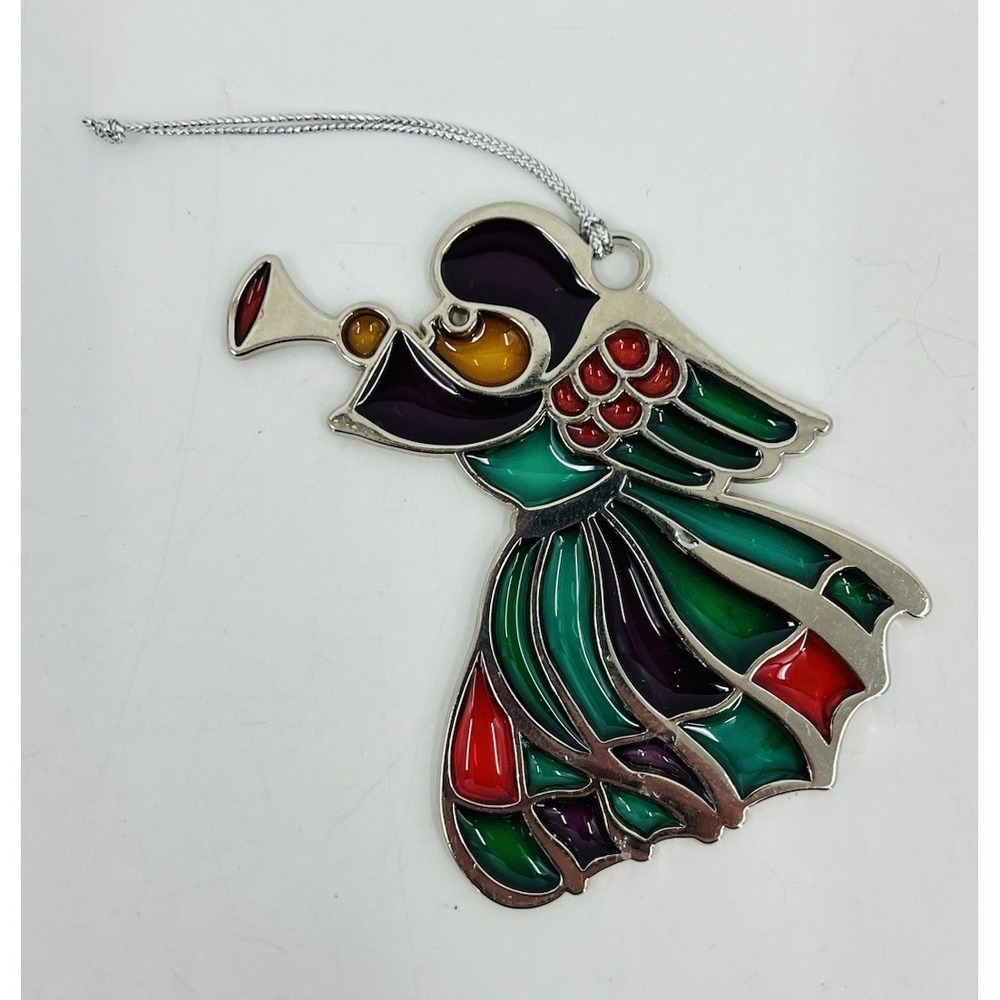 Vintage Stained Glass Angel Blowing a Trumpet Christmas Ornament